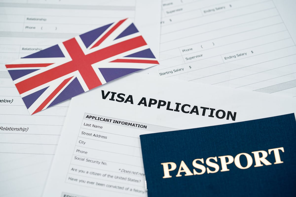 Visa application form and passport arranged on a desk