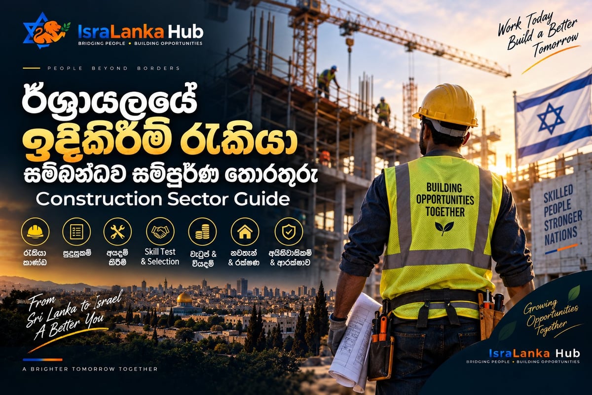 Construction worker in safety gear on building site with IsraLanka Hub logo and text about construction sector opportunities
