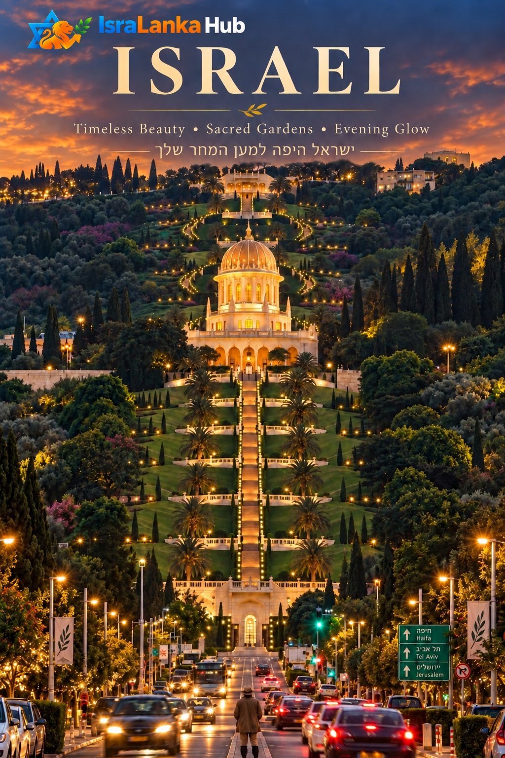 Illuminated Bahai Temple at dusk in Haifa, Israel, with tree-lined gardens and evening traffic, representing timeless beauty and sacred sites